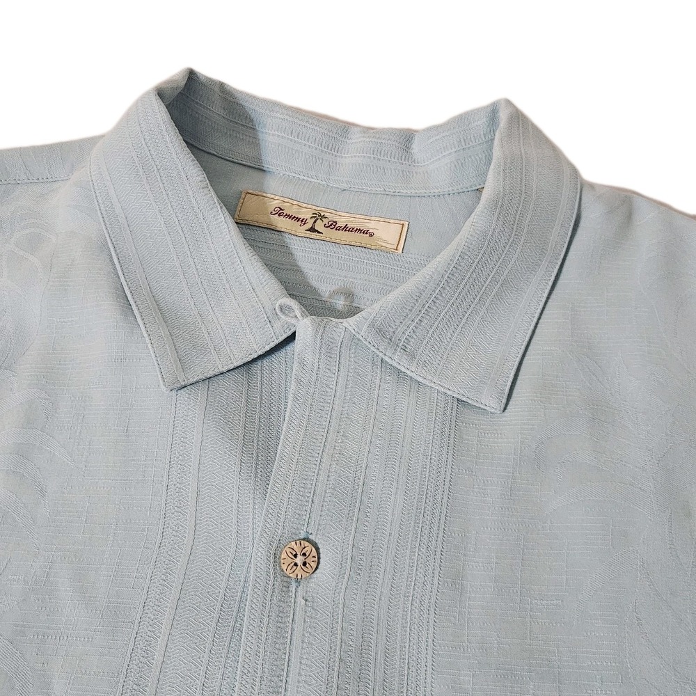 Tommy Bahama Shirt Silk L Mens Embroidered Blue Pique Knit Button  Camp